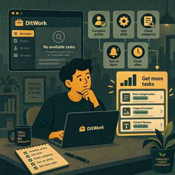 Почему нет доступных микрозадач на DitWork и как получать больше заданий
